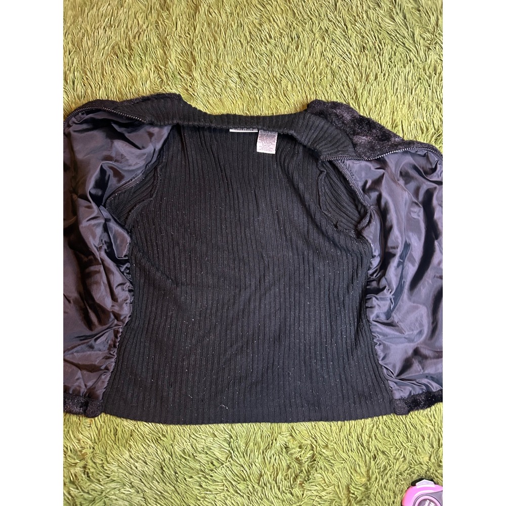 Kathie Lee Cardigan Women Medium Black Faux Fur Front Zip Ribbed Jacket Vintage - Picture 8 of 8
